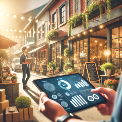 digital marketer showing analytics to a shop owner