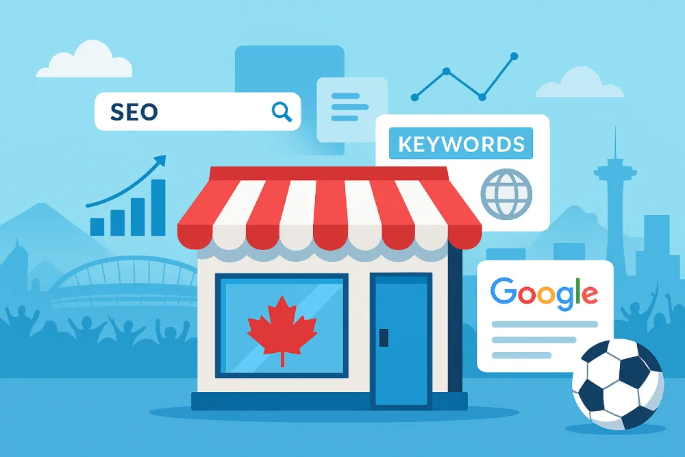 Digital illustration of a Canadian small business storefront with SEO graphs, Google search elements, social media icons, and subtle World Cup 2026 visuals, set against a modern Vancouver skyline.