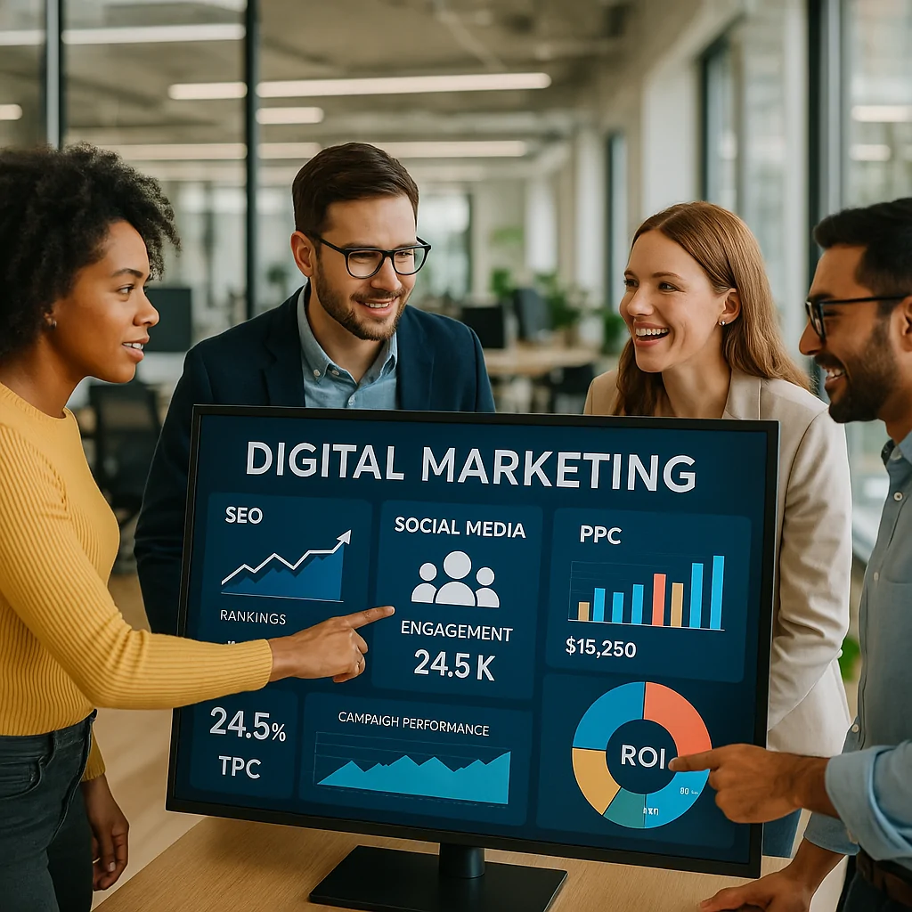 Vancouver Digital Marketing Services That Drive Real ROI: Your Blueprint for Business Growth vancouver-digital-marketing-services-roi Unlock true business growth with expert Vancouver digital marketing services. Discover strategies that drive real ROI and elevate your brand in the competitive market. A professional, dynamic scene overlooking the Vancouver skyline at dusk, with digital marketing data visualizations overlaid subtly, symbolizing growth and strategy. The focus is on a modern office environment with a team collaborating on laptops and tablets, reflecting innovation and success. Cinematic lighting, high-quality, professional aesthetic.