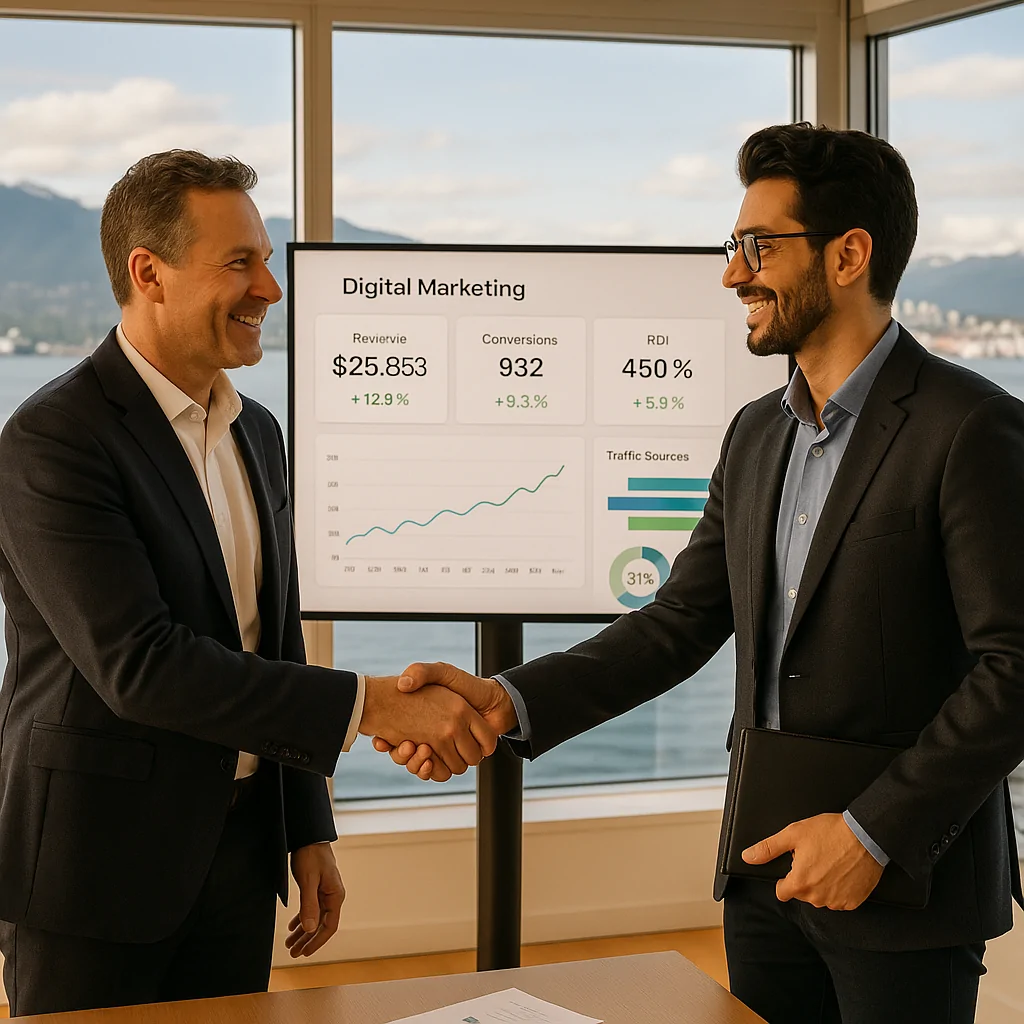 Vancouver Digital Marketing Services That Drive Real ROI: Your Blueprint for Business Growth vancouver-digital-marketing-services-roi Unlock true business growth with expert Vancouver digital marketing services. Discover strategies that drive real ROI and elevate your brand in the competitive market. A professional, dynamic scene overlooking the Vancouver skyline at dusk, with digital marketing data visualizations overlaid subtly, symbolizing growth and strategy. The focus is on a modern office environment with a team collaborating on laptops and tablets, reflecting innovation and success. Cinematic lighting, high-quality, professional aesthetic.